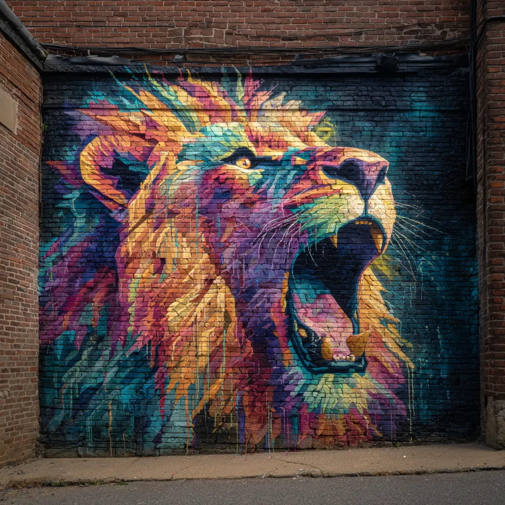 lightcloud5132 Graffiti mural on a brick wall showing a roaring ea5ff3f0-54ee-4499-b3df-197818cc49cb