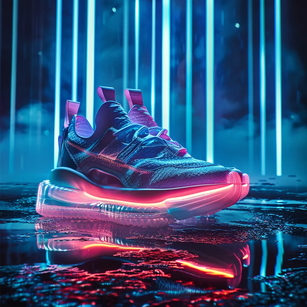 lightcloud5132 Product shot of a futuristic sneaker on a wet re 3e249cc9-46ad-4951-8b86-0e868fa76bb0