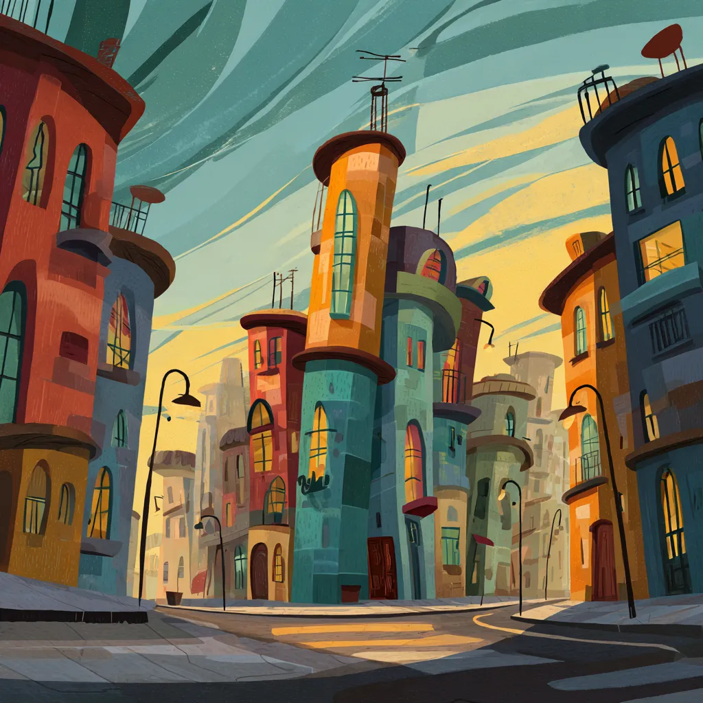 lightcloud5132 Whimsical cartoon city street at golden hour rou 40498cfb-2808-4a26-a527-abfffcb78f97