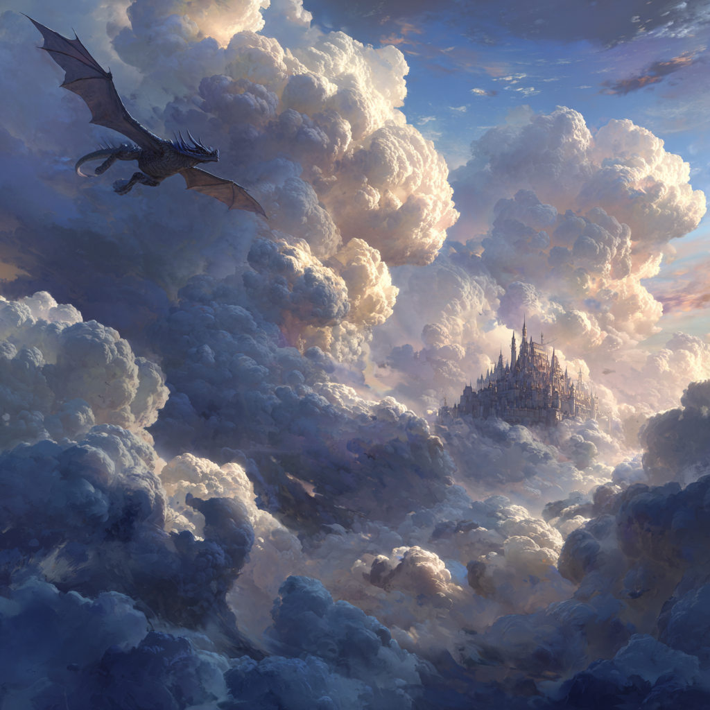 Fantasy dragon artwork with dramatic lighting and floating islands